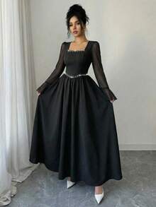 SHEIN Elenzya 女士黑色新款方领珍珠装饰A字腰部喇叭袖甜美浪漫优雅约会派对正式长裙 - 黑色 - 查看 8