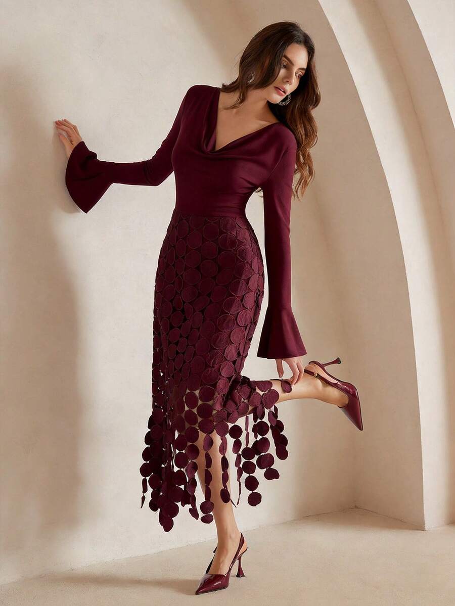 Anewsta 新款针织垂褶领口蕾丝拼接流苏下摆优雅派对连衣裙，红色 - 酒紅色 - 查看 1