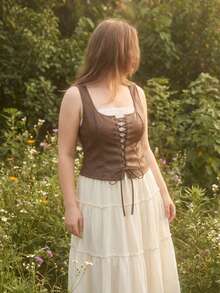 SHEIN MOD Plus Size Army Green Grommets Lace-Up Retro Tank Top - Brown - View 5
