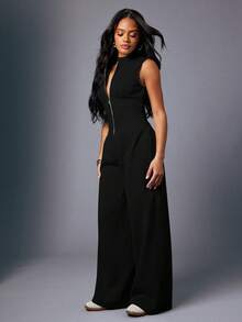 SHEIN Haute Women's Sexy Casual Zip Through Sleeveless Heather Gray Sweatshirt Jumpsuit - Black - View 5