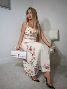 Cioccolato Women's Floral Print Sleeveless Dress, Boho Style And Flared Hem - Khaki - View 5