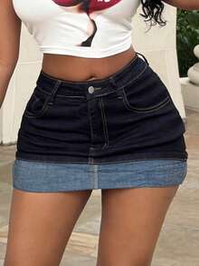Alexandranx Women's Casual Washed Color Block Patchwork Denim Mini Skirt - Dark Wash - View 3
