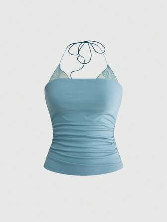 Fairycore Camiseta básica de mujer con cuello halter y encaje, 2 en 1 con pliegues