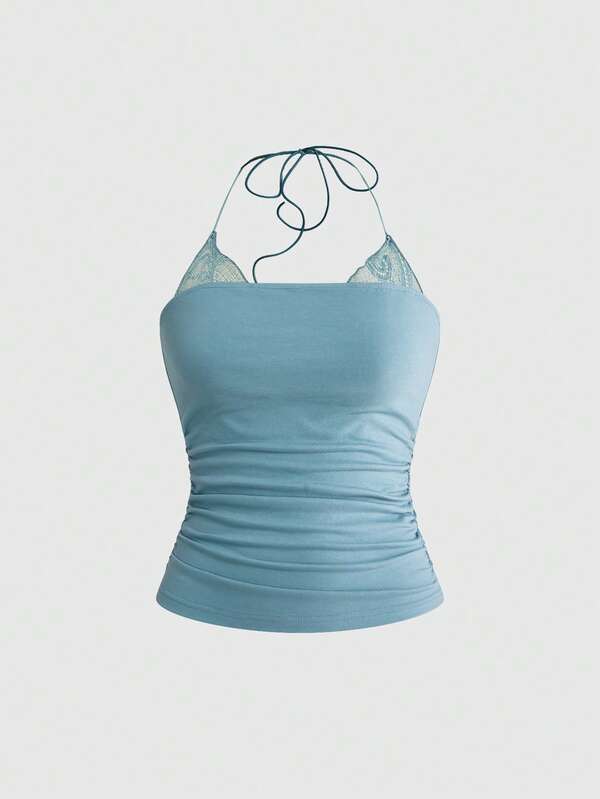 ROMWE Fairycore Women's Basic 2 In 1 Lace Trim Halter Neck Pleated Camisole