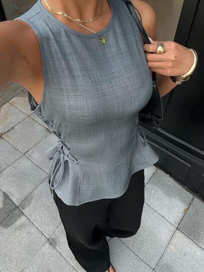 Siren Gaze Summer Slim-Fit Sleeveless Vest Top With Side Ties, Made Of High-End Suit Fabric, Simple Round Neck, Slimming And Waist-Cinching Base Layer, Fashionable, Casual And Versatile Summer Outerwear For Women.