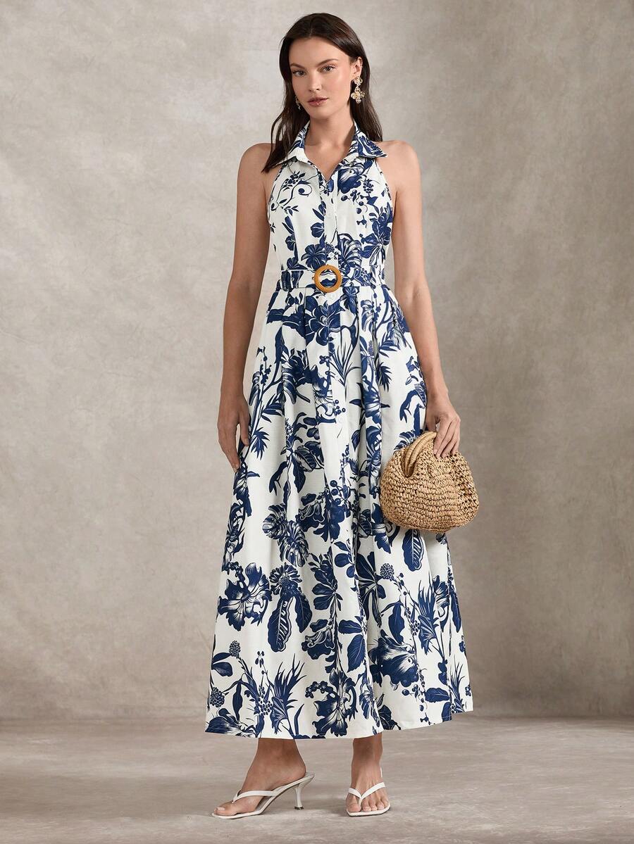 Briarwyn 女士度假休闲热带印花露背连衣裙 - 水藍色 - 查看 1