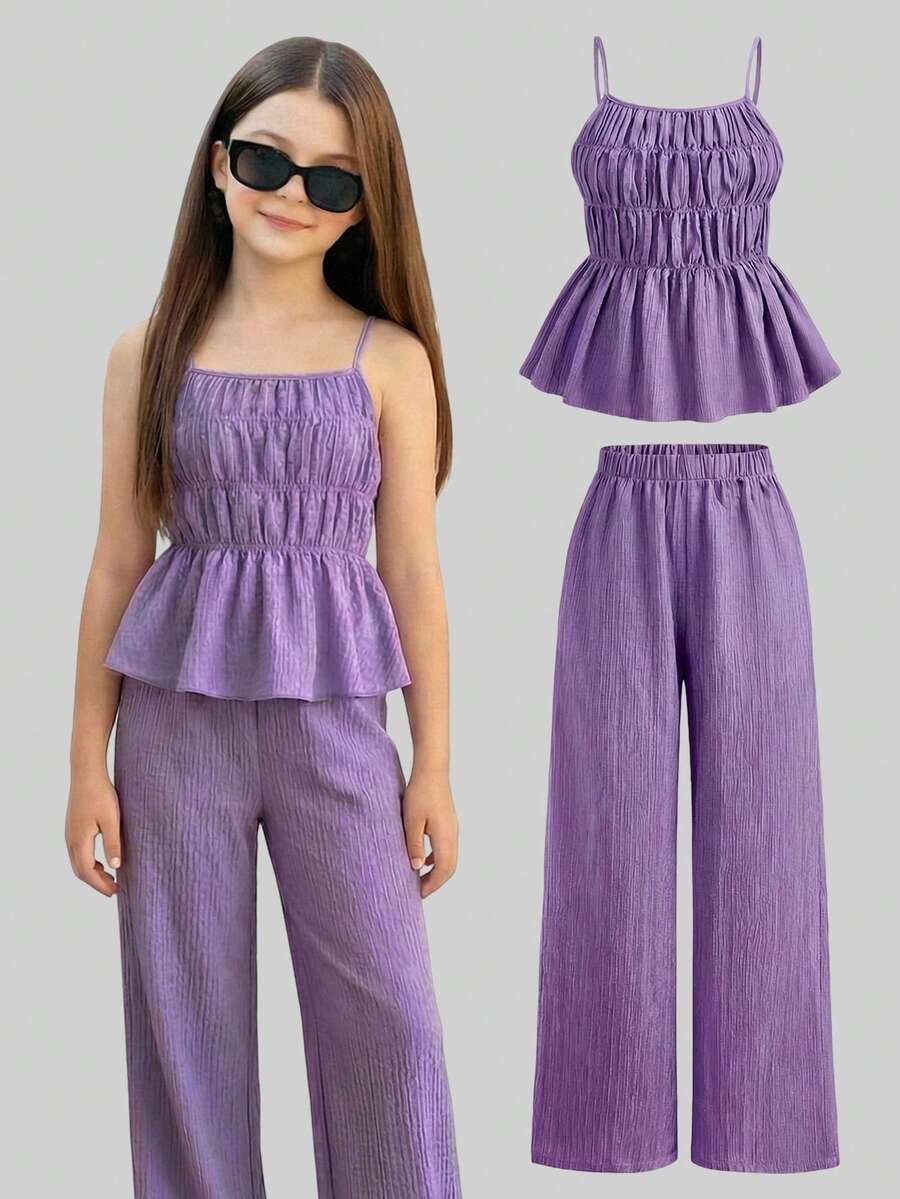 SHEIN Girlism Halloween Girls Tank Top Co-Ords, Sweet & Fresh Summer Cropped Camisole And Wide Leg Pants 2 Pieces Set - Purple - View 1