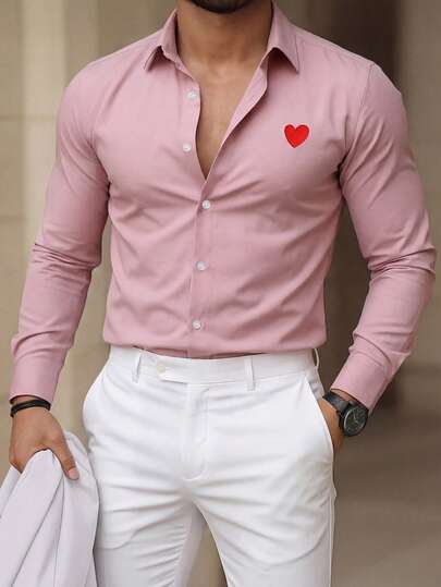 Manfinity Mode Men's Summer Heart Embroidery Front Button Casual Long Sleeve Shirt,Men Old Money,Daily Leisure, Weekend Trips, Outdoor Activities, Travel Expeditions, Relaxed Work Environments Or Semi-Formal Occasions, Boyfriend/Husband Gift, Anniversary /Birthday Gift Party Summer Vacation Holiday,Wedding,Spring To Summer,Easter,Men's Pink Long Sleeve Collared Shirt With Red Heart Detail,Men Pink Dress Shirt,Business Casual Tops Men,Pink Shirt Men's,Men S Pink Shirt,Pink Button Up Shirt