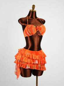 Solea Vida Sexy Vacation Halter Neck Ruffle Hem 2 Pieces Set - Orange - View 5