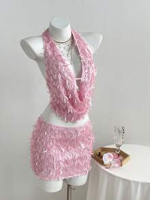 Elamini Sexy Crop Top With Plunging V-Neck And Backless Design, Paired With Bodycon Mini Skirt, Suitable For Spring/Summer - Pink - View 4