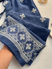 Sunnyshic Women's Blue Printed Bandeau Crop Top With Frill Trim And Drawstring Waist Loose Pants, Summer European And American Elegant Sexy Romantic Beach Vacation 2-Piece Set - Blue - View 8