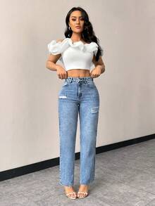 EMERY ROSE 女士口袋纽扣做旧休闲百搭日常直筒牛仔裤 - 淺色水洗藍 - 查看 6