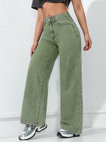 SHEIN ICON Women's Loose Fit Pockets Wide Leg Casual Versatile Denim Jeans - Green - View 7