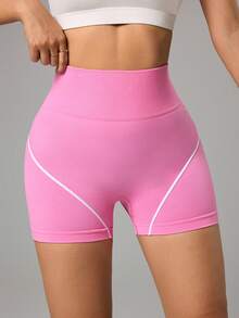 Sovereign Charm Pantalones cortos deportivos casuales de mujer con cintura alta y rayas de contraste - Rosa - Ver 6