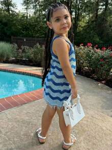 SHEIN Váy thường ngày kiểu dáng lượn sóng họa tiết sứa cho bé gái - Màu xanh lam - Xem 2