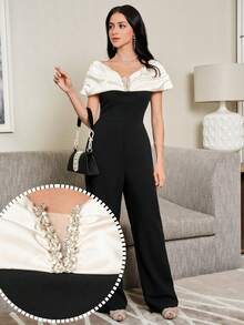 Feyla Women's Elegant Commuter Colorblock Rhinestone Decor Jumpsuit - Multicolor - View 4