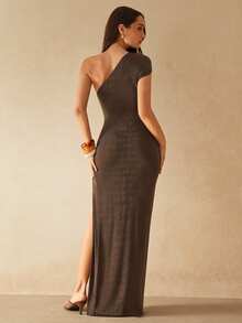 Silquee Summer Dark Brown Chic Party Night Asymmetrical Dress For Women,Solid Color Pleated Shoulder Cutout Waist Slit Hem Elegant Wedding Bridesmaid Gown - Brown - View 2