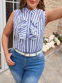 SHEIN Clasi Plus Size Women's Blue And White Striped Ruffle Sleeveless Blouse,Summer Nautical Smart Casual Office Tops - Blue and White - View 7