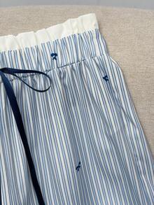 GlowEve Women's Casual Wide Leg Printed Striped Bow Tie Long Pants - Blue and White - View 6