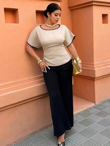 Breezaya Plus Size Women Spring/Summer Wide Collar Ruffle Sleeve Contrast Color Cinched Waist Casual Vacation Shirt - Khaki - View 5