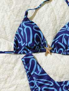 Swim Mod Conjunto de bikini de corte alto con estampado aleatorio y escote halter para mujer, primavera/verano - Multicolor - Ver 4