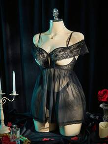 SpicyHot 2 piezas Conjunto de camisón sexy de mujer con parches de encaje - Negro - Ver 9