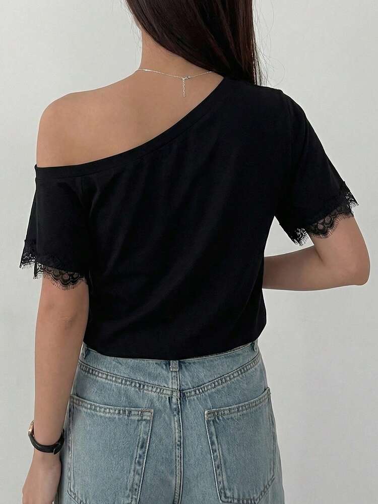 Women's Summer Off-Shoulder Lace Patchwork Loose Casual T-Shirt