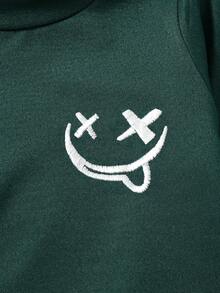 SHEIN Newborn Baby Cartoon Smiling Face Print Long Sleeve Top And Pants Set - Dark Green - View 5