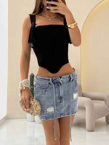 TRNVIE Women's Pocket Button Distressed Casual Versatile Date Outing Denim Mini Skirt - Blue - View 6