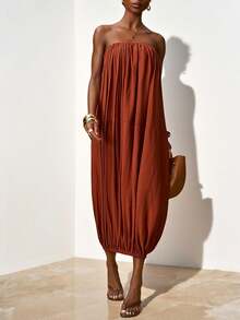 Zivah Women's Elegant Rust Brown Summer Dress,Strapless Ruched Waist Gathered Ruffle Maxi Dress,Boho Loose Solid Color Holiday Vacation Party Midi Dress - Brown - View 12