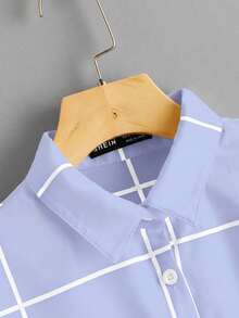 SHEIN LUNE Women's Casual Plaid Front Button Short Sleeve Woven Shirt, Summer,Summer Top - Blue and White - View 3