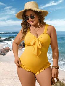 SHEIN Swim Lushore Bộ đồ bơi liền thân màu vàng thanh lịch, ngọt ngào dành cho nữ, cỡ lớn, thích hợp cho khu nghỉ dưỡng bãi biển mùa hè, chất liệu vải mềm mại, thoải mái, đồ bơi liền thân cỡ lớn. - Màu vàng - Xem 4