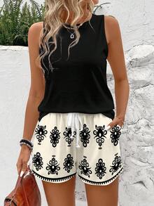 SHEIN LUNE 女士休闲圆领背心和复古波西米亚短裤两件套，适合夏季外出、海滩、机场、度假、居家穿着 - 彩色 - 查看 4