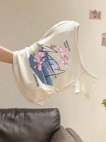 Resyla Camiseta de mujer con estampado de estilo oriental de sakura y paisaje, con cintura fruncida y manga corta descubierta de los hombros - Blanco - Ver 5