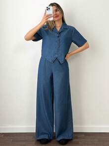 SHEIN 2 Pcs, Thin Fabric, Short Sleeve Shirts & Elastic Waist Pants, Denim Set - Medium Wash - View 6