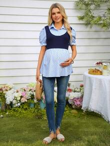 SHEIN Ruffle Collar Commuter Style Short Sleeve Top, Contrast Color Maternity Shirt,Summer Tops,Summer Outfits - Multicolor - View 7