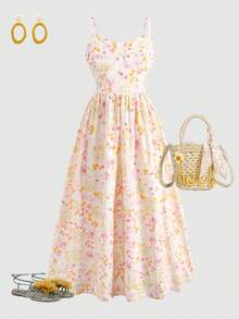 SHEIN 少女优雅碎花露背无袖连衣裙 - 粉色 - 查看 3