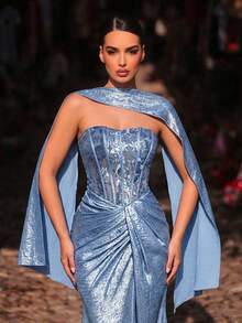 Glamrae Elegant Blue Luxury 3D Beaded Embroidered Bandeau Mermaid Twist Wrap Slim Fit Fishtail Dress, Suitable For Dates, Vacations, Singles Parties, Weddings, Women's Evening Gown - Blue - View 2