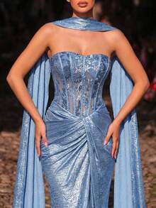 Glamrae Elegant Blue Luxury 3D Beaded Embroidered Bandeau Mermaid Twist Wrap Slim Fit Fishtail Dress, Suitable For Dates, Vacations, Singles Parties, Weddings, Women's Evening Gown - Blue - View 5