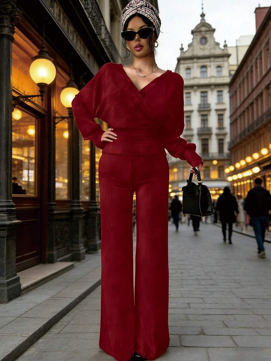 Celisse Conjunto de 2 piezas de top de manga larga con cuello superpuesto y cintura ceñida, y pantalones, elegante para otoño - Rojo - Ver 1