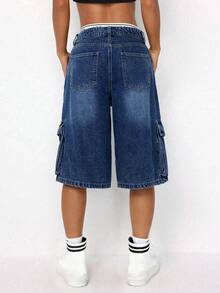 SHEIN ICON Quần short denim nữ dáng rộng, thoải mái với nhiều túi tiện dụng. - Rửa tối - Xem 2