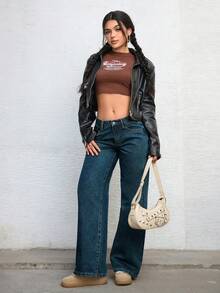 SHEIN ICON 女士宽松口袋阔腿休闲百搭牛仔裤 - 藍色 - 查看 5