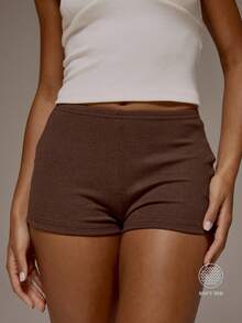 MUSERA ESSENTIALS Ribbed Elasticated Waist Fitted Micro Mini Shorts Spring Summer Holiday Everyday Cute Daily Basics Essential - Coffee Brown - View 1