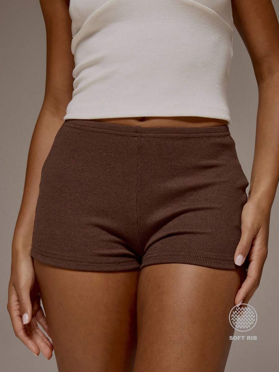 MUSERA ESSENTIALS Ribbed Elasticated Waist Fitted Micro Mini Shorts Spring Summer Holiday Everyday Cute Daily Basics Essential - Coffee Brown - View 1