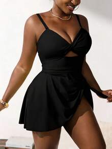 SHEIN Slayr CURVE Plus Size Solid Color Swimsuit Set For Women, Fluorescent Green Tankini With Detachable Straps - Black - View 3