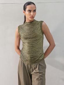 KSTM 女士高领金属金色橄榄绿无袖背心，后背拉链闭合，秋冬优雅上衣 - 綠色 - 查看 4