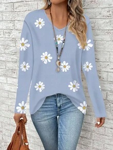 EMERY ROSE Plus Size Women V-Neck Long Sleeve Loose T-Shirt - Blue - View 4