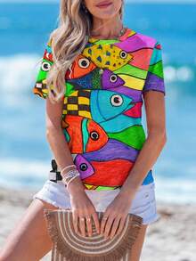 Sylviya 百搭修身休闲简约圆领短袖宽松女式T恤，饰有海洋鱼艺术图案，适合外出、休闲穿着。 - 彩色 - 查看 3