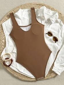 Swim Vcay 性感连体泳衣，贝壳和海星图案，修身沙滩度假泳装 - 咖啡棕 - 查看 3