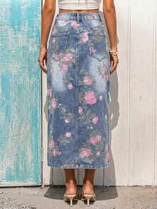 Vivid Eden Women's High Waist Pocketed Floral Pattern Slit Hem Casual Denim Skirt - Blue - View 2